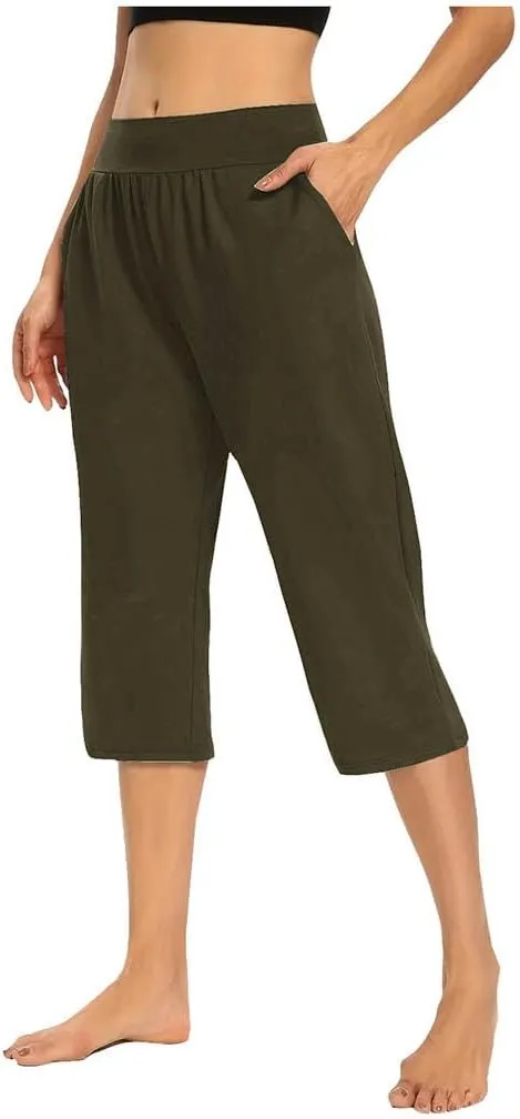 Women's Capris Solid Color Elastic High Waist Capri Pants Casual Stretchy Stylish Trousers Yoga Sports Pants