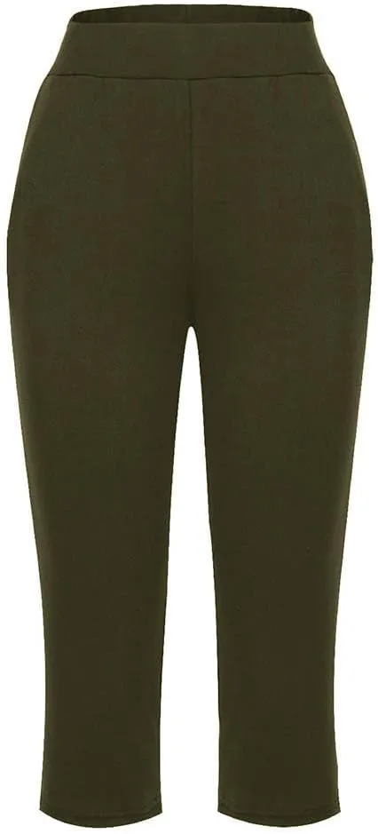 Women's Capris Solid Color Elastic High Waist Capri Pants Casual Stretchy Stylish Trousers Yoga Sports Pants