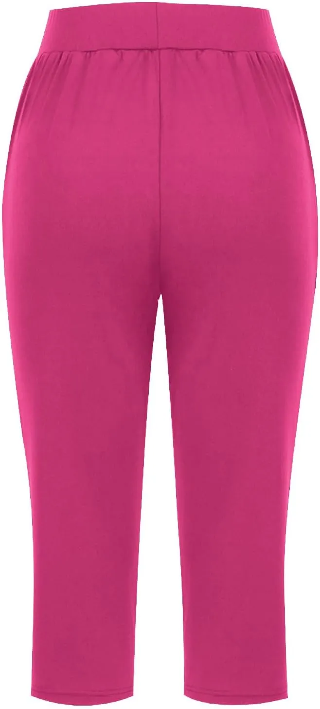 Women's Capris Solid Color Elastic High Waist Capri Pants Casual Stretchy Stylish Trousers Yoga Sports Pants