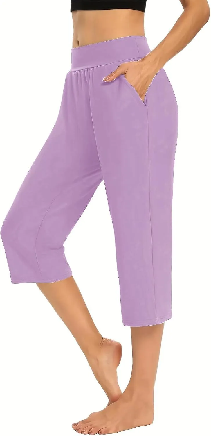 Women's Capris Solid Color Elastic High Waist Capri Pants Casual Stretchy Stylish Trousers Yoga Sports Pants