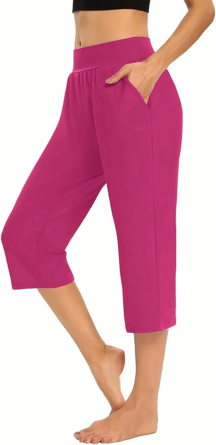Women's Capris Solid Color Elastic High Waist Capri Pants Casual Stretchy Stylish Trousers Yoga Sports Pants