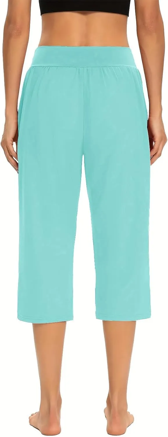 Women's Capris Solid Color Elastic High Waist Capri Pants Casual Stretchy Stylish Trousers Yoga Sports Pants