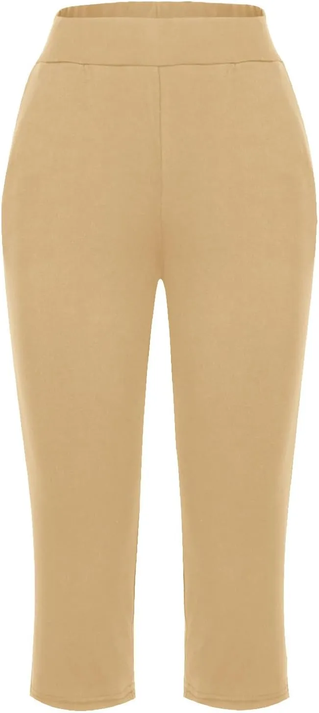 Women's Capris Solid Color Elastic High Waist Capri Pants Casual Stretchy Stylish Trousers Yoga Sports Pants