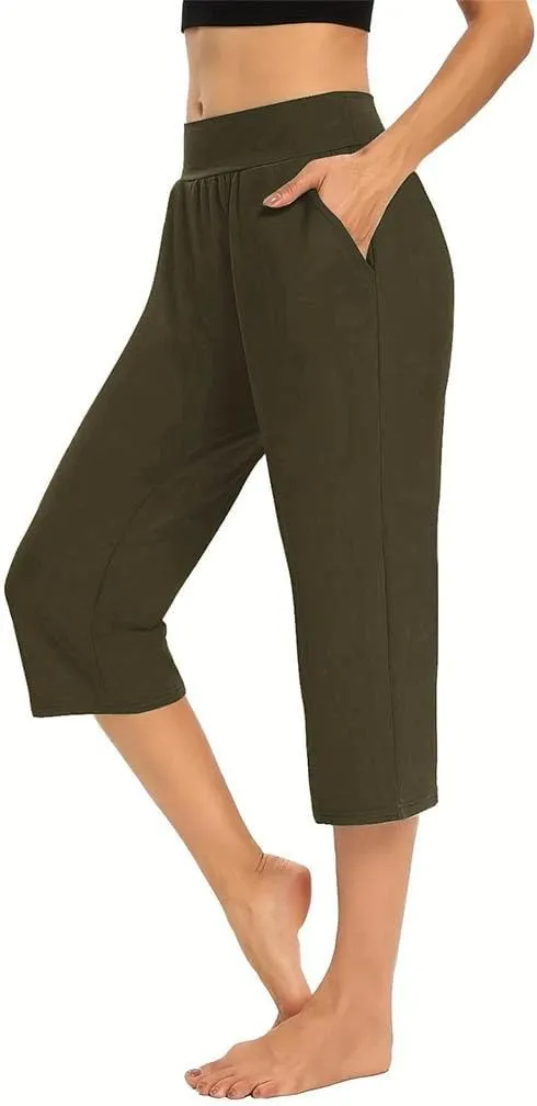 Women's Capris Solid Color Elastic High Waist Capri Pants Casual Stretchy Stylish Trousers Yoga Sports Pants