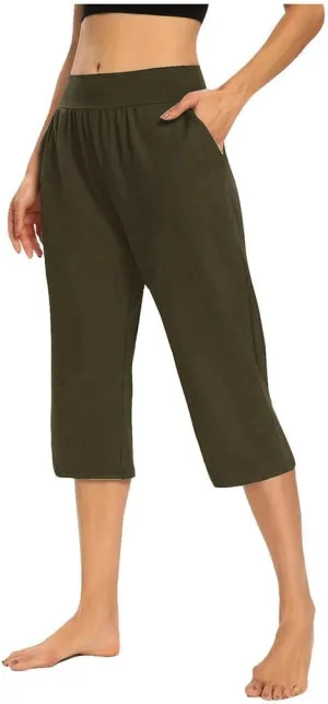 Women's Capris Solid Color Elastic High Waist Capri Pants Casual Stretchy Stylish Trousers Yoga Sports Pants