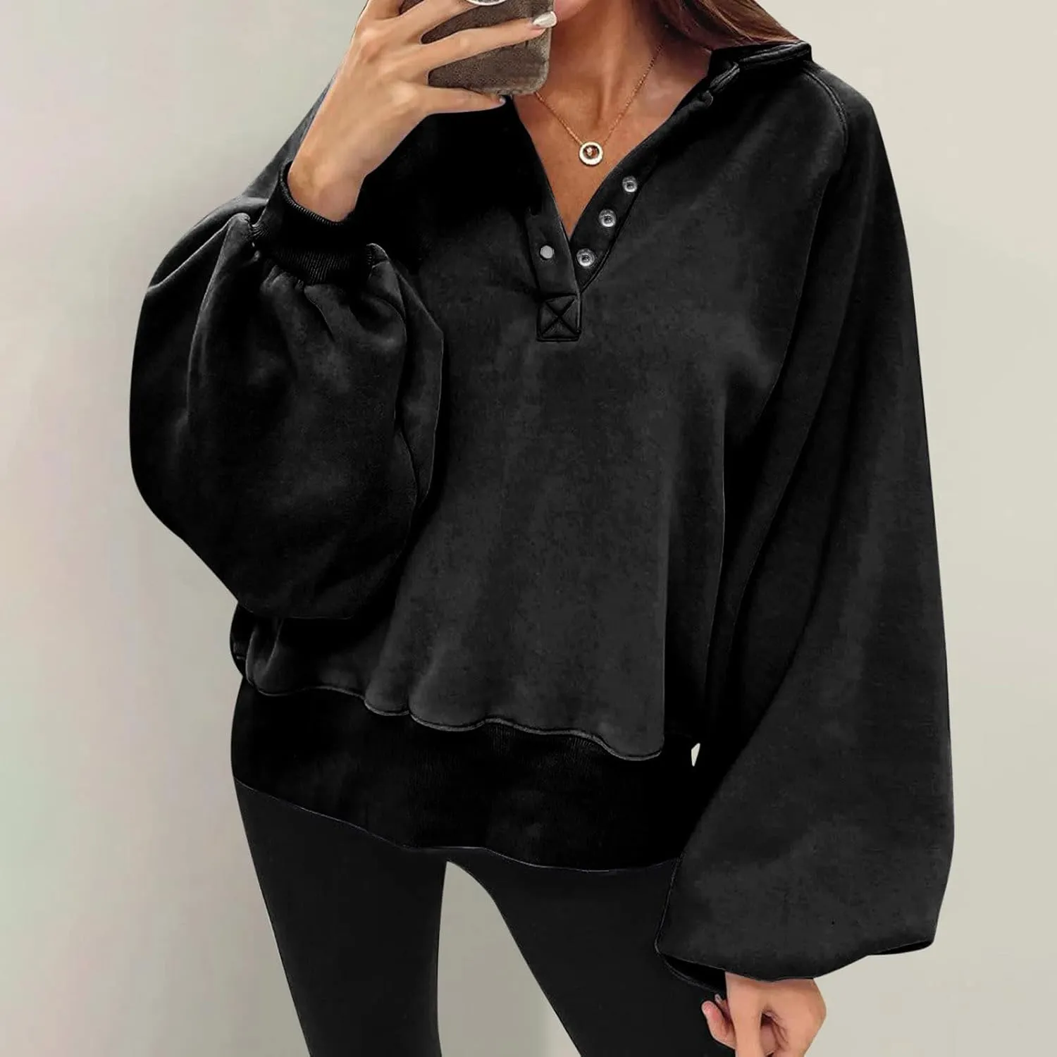 Womens Casual Button v Neck Hoodies Oversized Long Sleeve Hooded Pullover Sweatshirt Tops Fall Fashion Clothes 2023