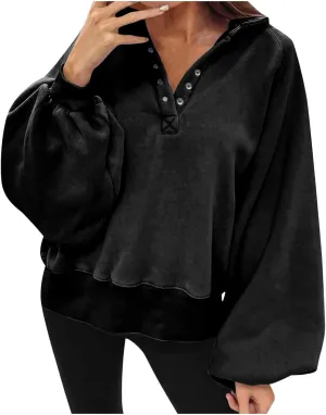 Womens Casual Button v Neck Hoodies Oversized Long Sleeve Hooded Pullover Sweatshirt Tops Fall Fashion Clothes 2023