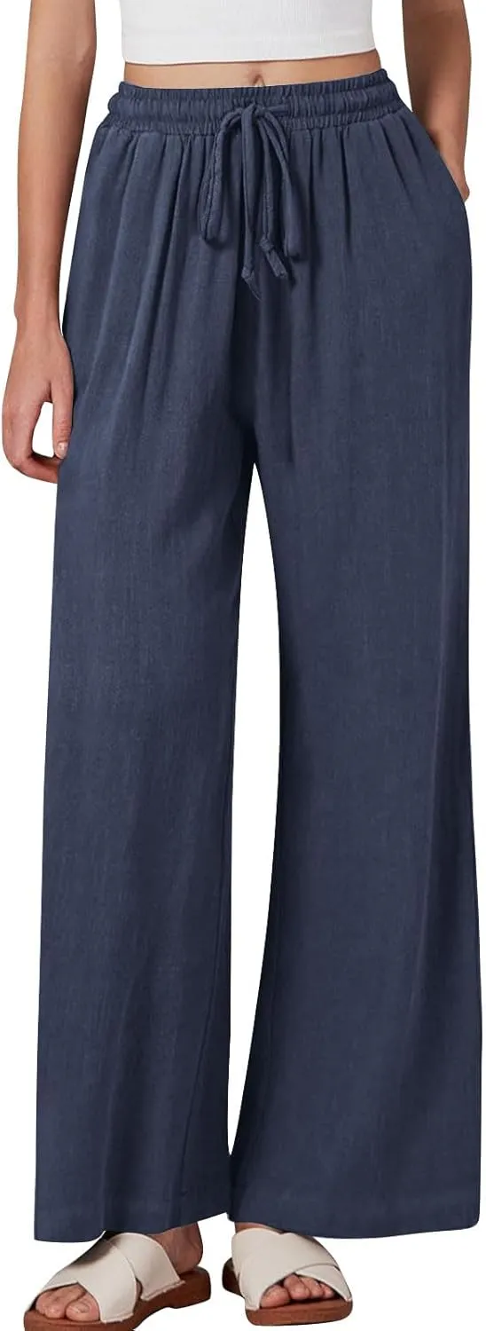 Women's Casual Cotton Linen Pants Drawstring Elastic Waist Culottes Flowy Wide Leg Beach Palazzo Trousers with Pockets