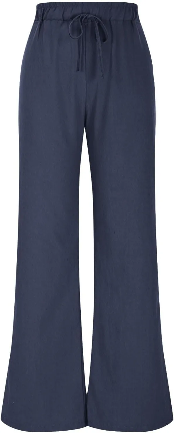 Women's Casual Cotton Linen Pants Drawstring Elastic Waist Culottes Flowy Wide Leg Beach Palazzo Trousers with Pockets