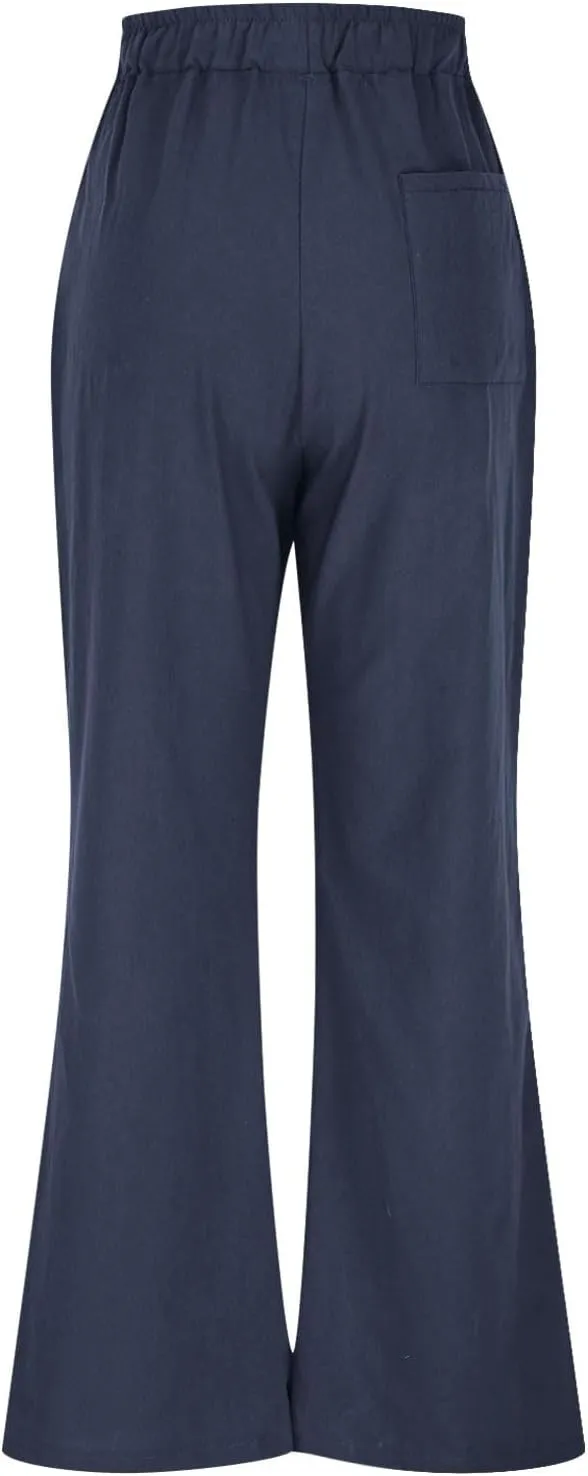 Women's Casual Cotton Linen Pants Drawstring Elastic Waist Culottes Flowy Wide Leg Beach Palazzo Trousers with Pockets