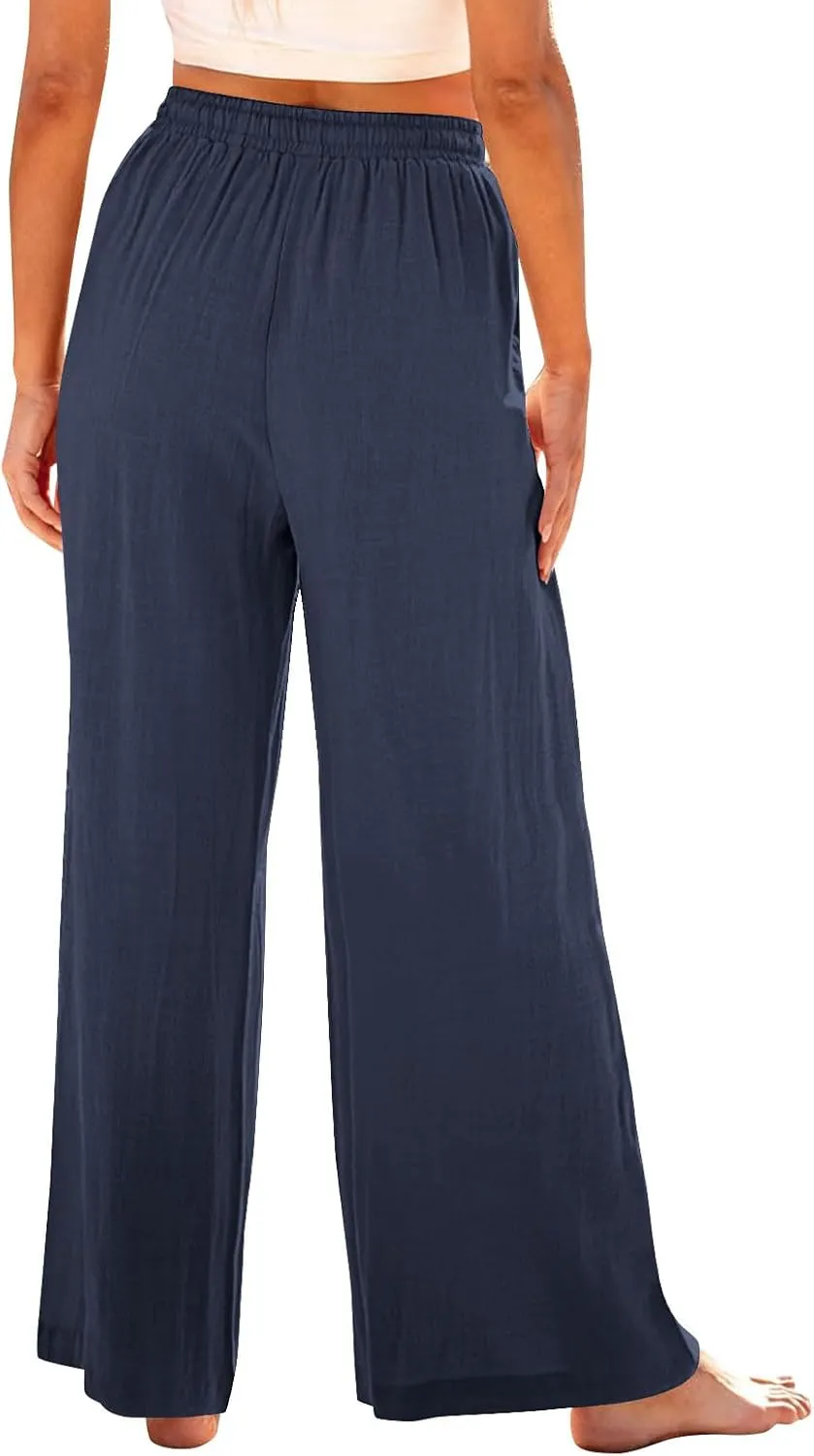 Women's Casual Cotton Linen Pants Drawstring Elastic Waist Culottes Flowy Wide Leg Beach Palazzo Trousers with Pockets