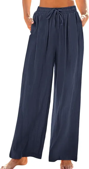 Women's Casual Cotton Linen Pants Drawstring Elastic Waist Culottes Flowy Wide Leg Beach Palazzo Trousers with Pockets