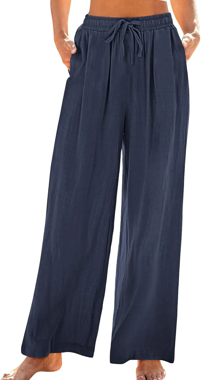 Women's Casual Cotton Linen Pants Drawstring Elastic Waist Culottes Flowy Wide Leg Beach Palazzo Trousers with Pockets