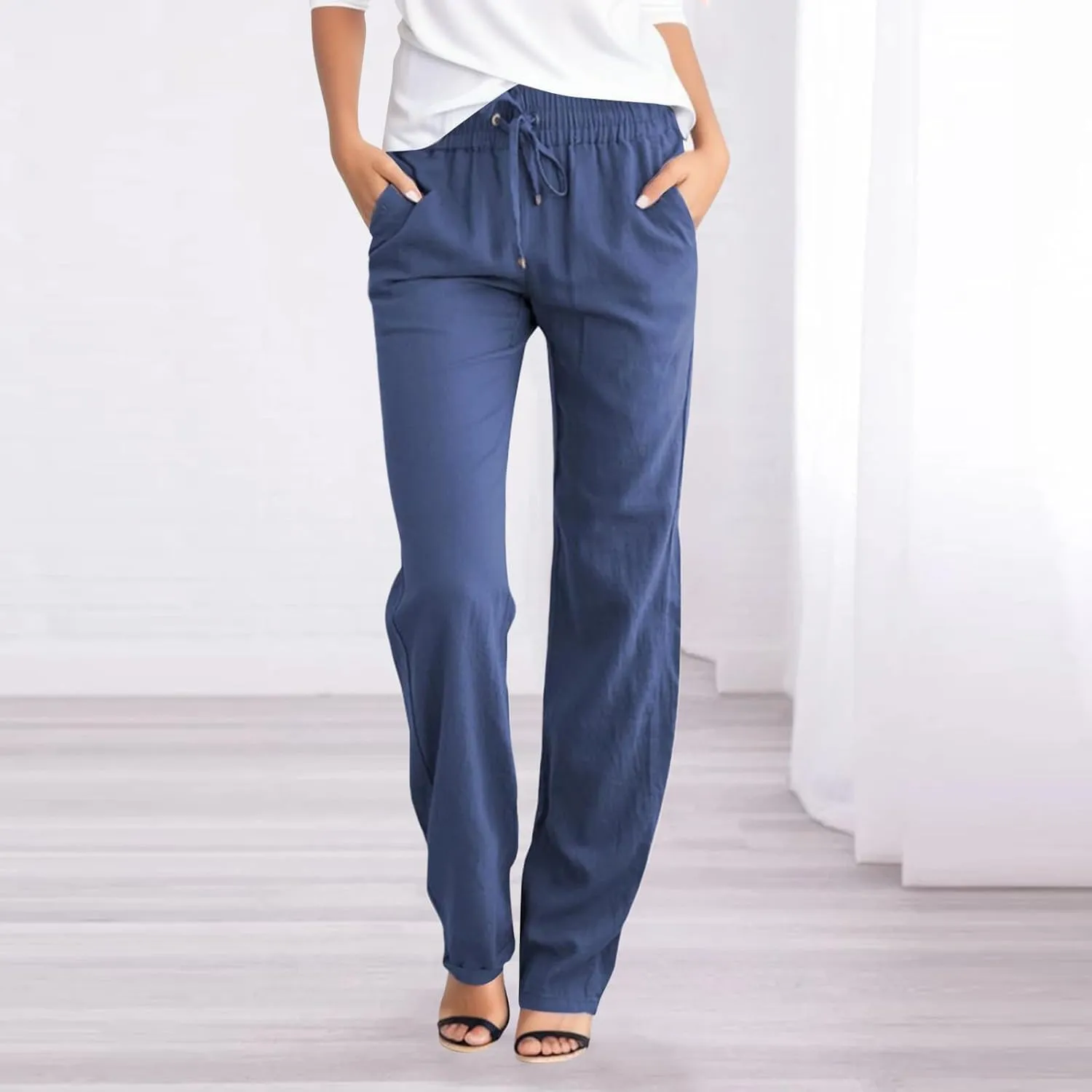 Womens Casual Cotton Linen Pants Lightweight Summer Elastic High Waist Palazzo Pant Plus Size Beach Flowy Long Trousers