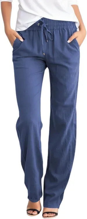Womens Casual Cotton Linen Pants Lightweight Summer Elastic High Waist Palazzo Pant Plus Size Beach Flowy Long Trousers