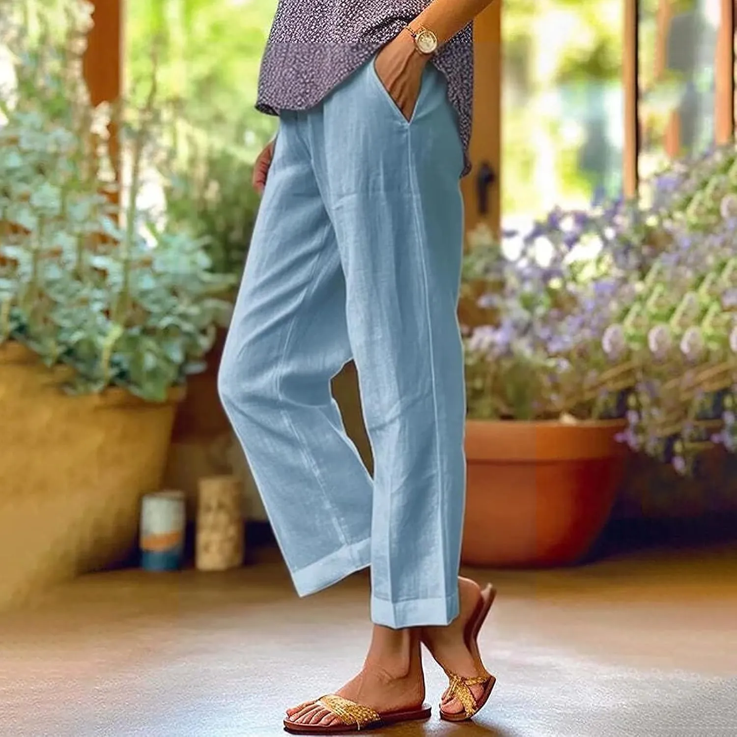 Womens Casual Cotton Linen Pants Lightweight Summer Relax Fit Elastic Waist Plus Size Solid Lounge Long Trousers