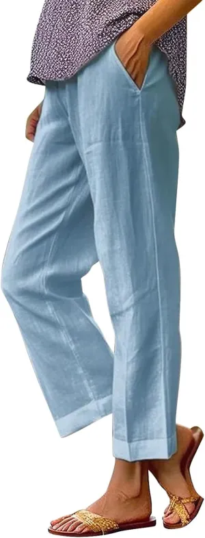 Womens Casual Cotton Linen Pants Lightweight Summer Relax Fit Elastic Waist Plus Size Solid Lounge Long Trousers
