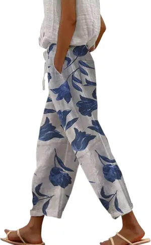 Womens Casual Linen Pants 2024 Drawstring Elastic Waist Trousers with Pockets Lounge Fashion Vacation Capri Pants