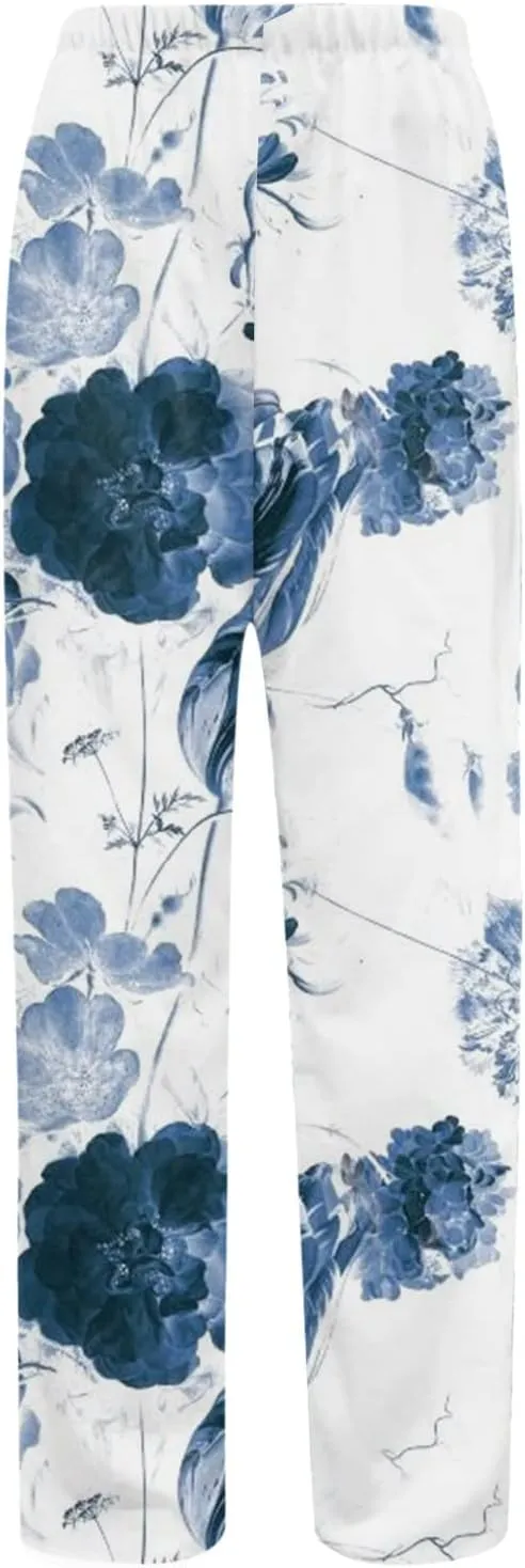 Womens Casual Linen Pants 2024 Drawstring Elastic Waist Trousers with Pockets Lounge Fashion Vacation Capri Pants