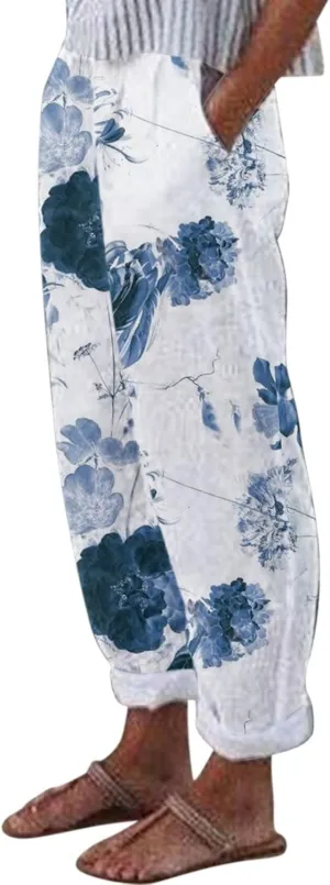 Womens Casual Linen Pants 2024 Drawstring Elastic Waist Trousers with Pockets Lounge Fashion Vacation Capri Pants
