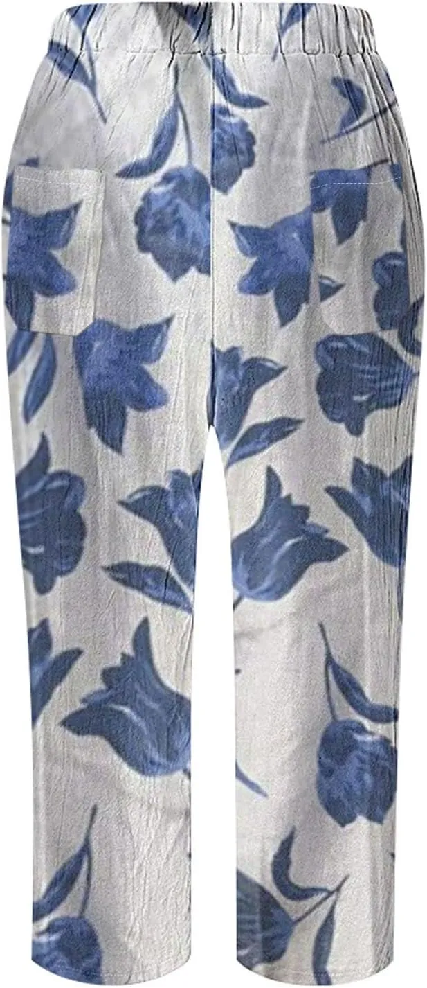 Womens Casual Linen Pants 2024 Drawstring Elastic Waist Trousers with Pockets Lounge Fashion Vacation Capri Pants