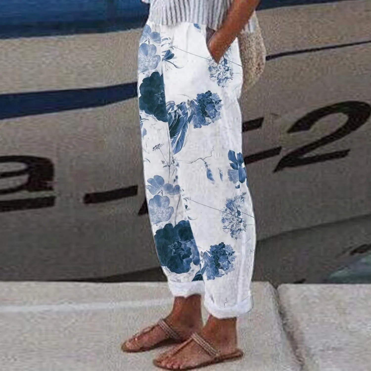 Womens Casual Linen Pants 2024 Drawstring Elastic Waist Trousers with Pockets Lounge Fashion Vacation Capri Pants