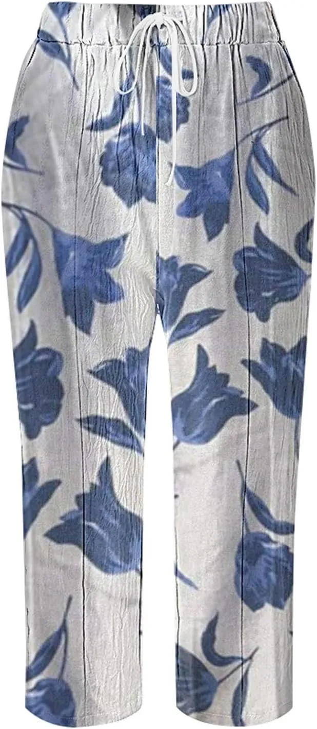 Womens Casual Linen Pants 2024 Drawstring Elastic Waist Trousers with Pockets Lounge Fashion Vacation Capri Pants