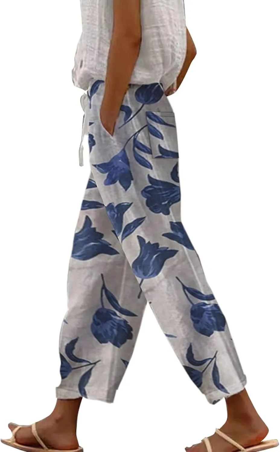 Womens Casual Linen Pants 2024 Drawstring Elastic Waist Trousers with Pockets Lounge Fashion Vacation Capri Pants