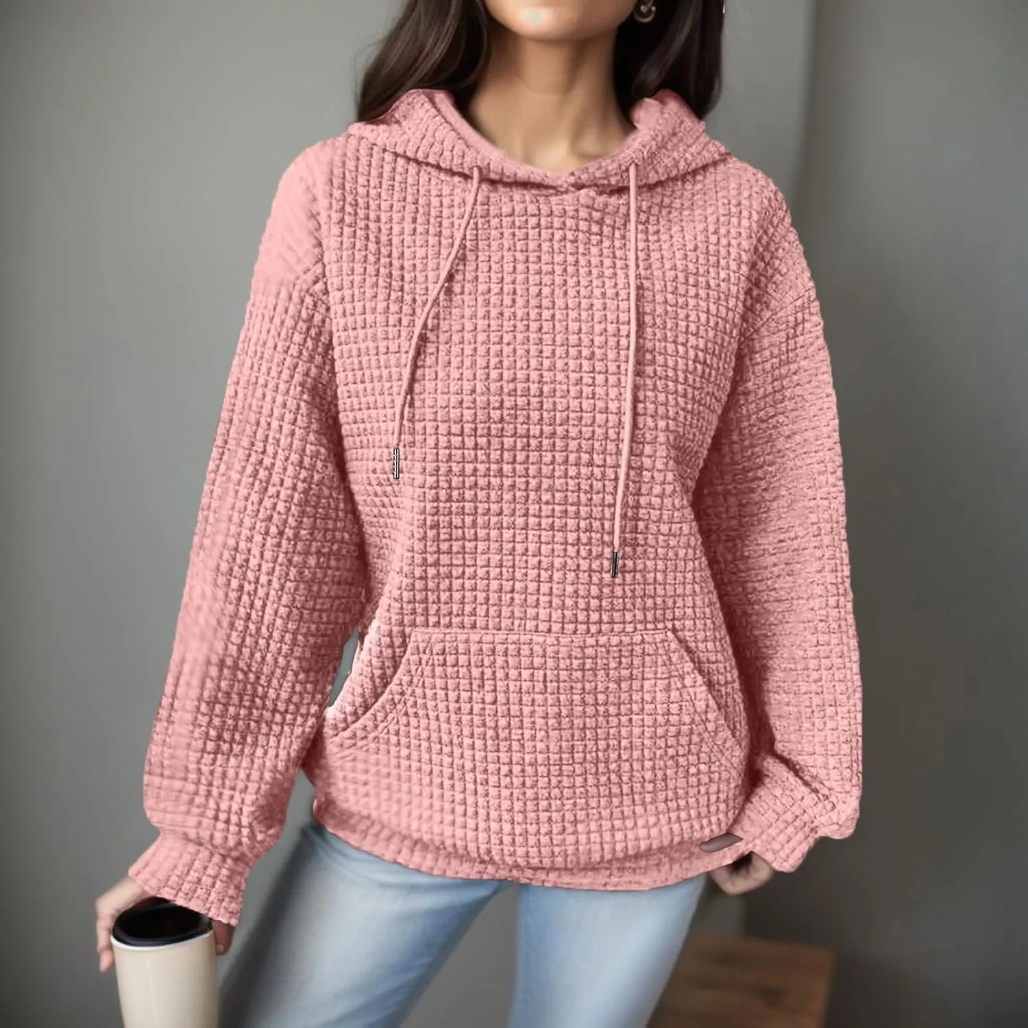 Women's Casual Oversized Hoodies Color Block Long Sleeve Drawstring Sweatshirt Solid Loose Pullover Tops with Pocket