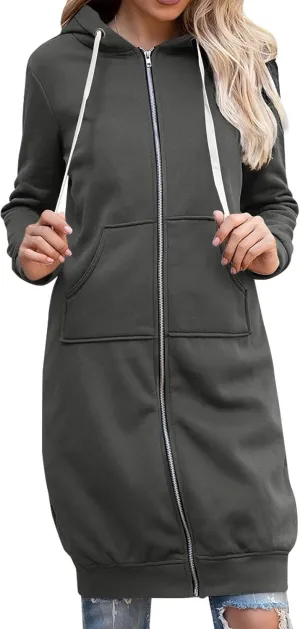 Women's Casual Pockets Zip up Hoodies Longwear Tunic Sweatshirt Oversized Long Hoodie Jacket with Pockets