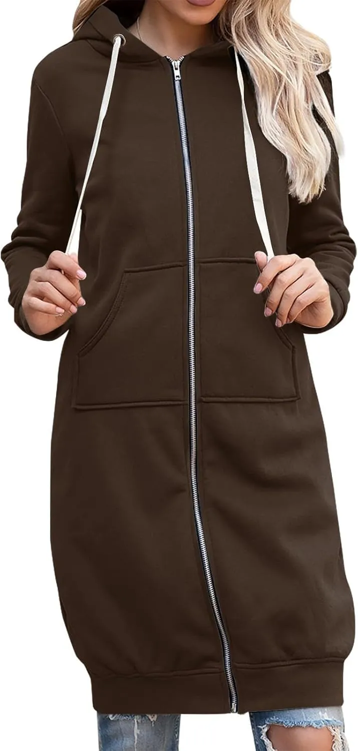 Women's Casual Pockets Zip up Hoodies Longwear Tunic Sweatshirt Oversized Long Hoodie Jacket with Pockets