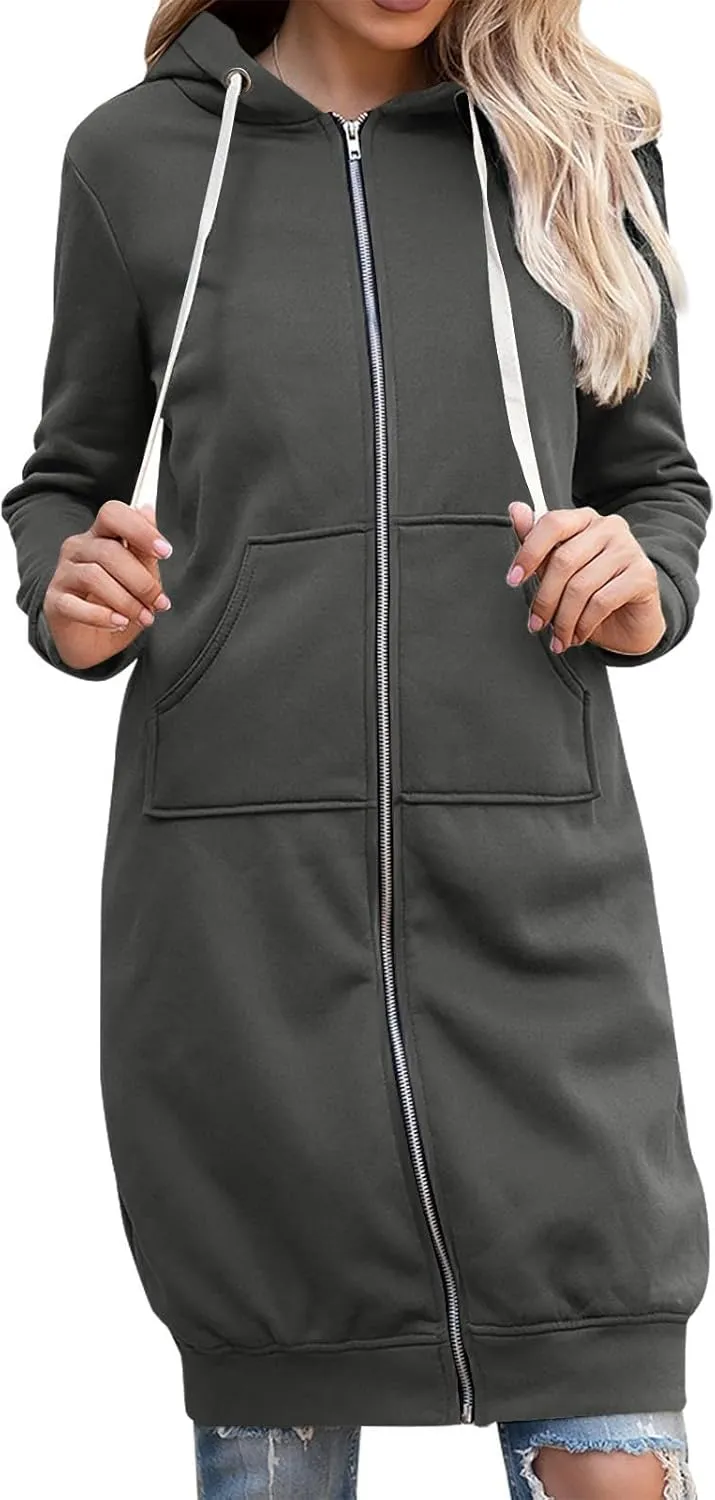 Women's Casual Pockets Zip up Hoodies Longwear Tunic Sweatshirt Oversized Long Hoodie Jacket with Pockets