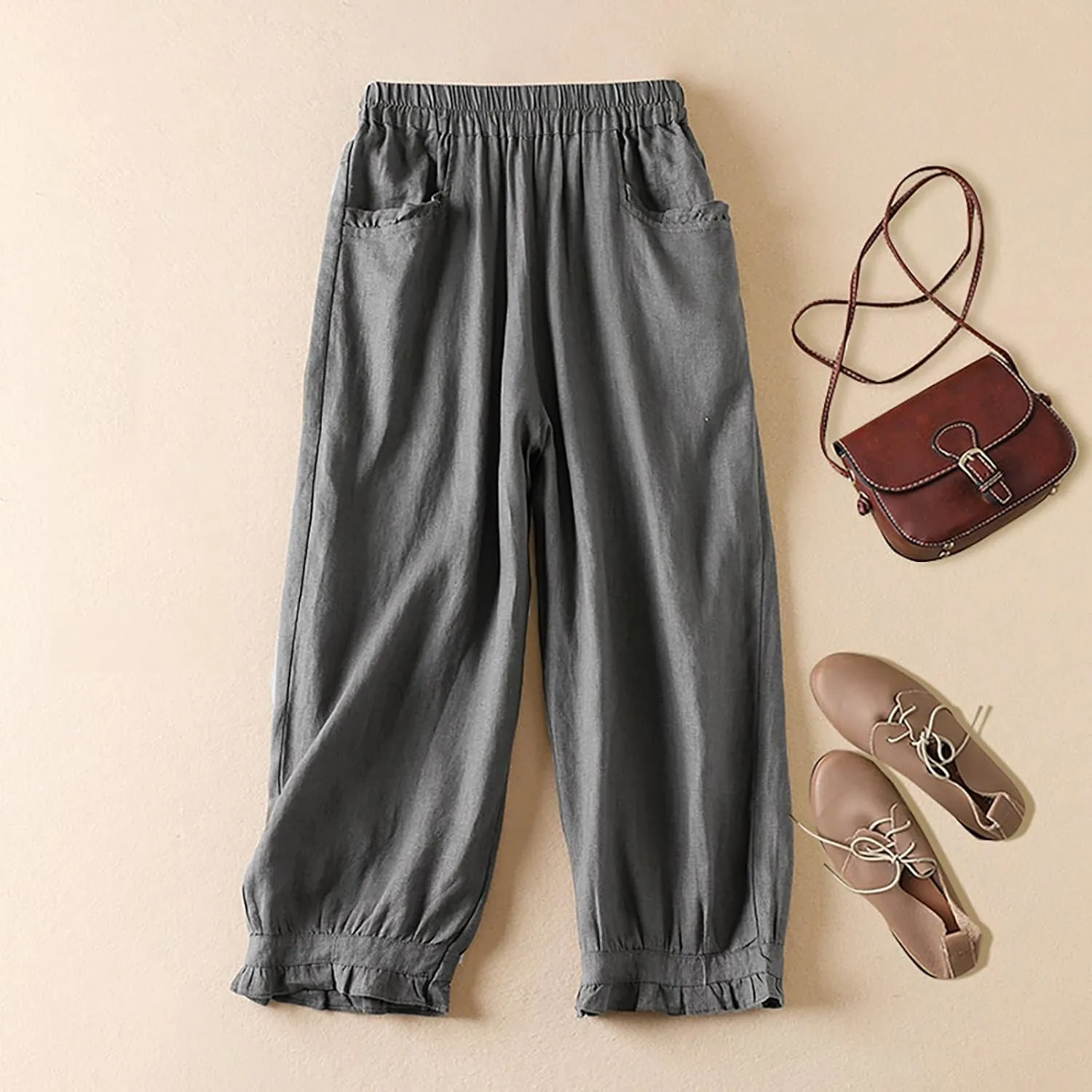 Womens Cotton Linen Capri Pants Casual Summer Elastic Wastic Loose Palazzo Harem Pants Wide Leg Trouser with Pockets