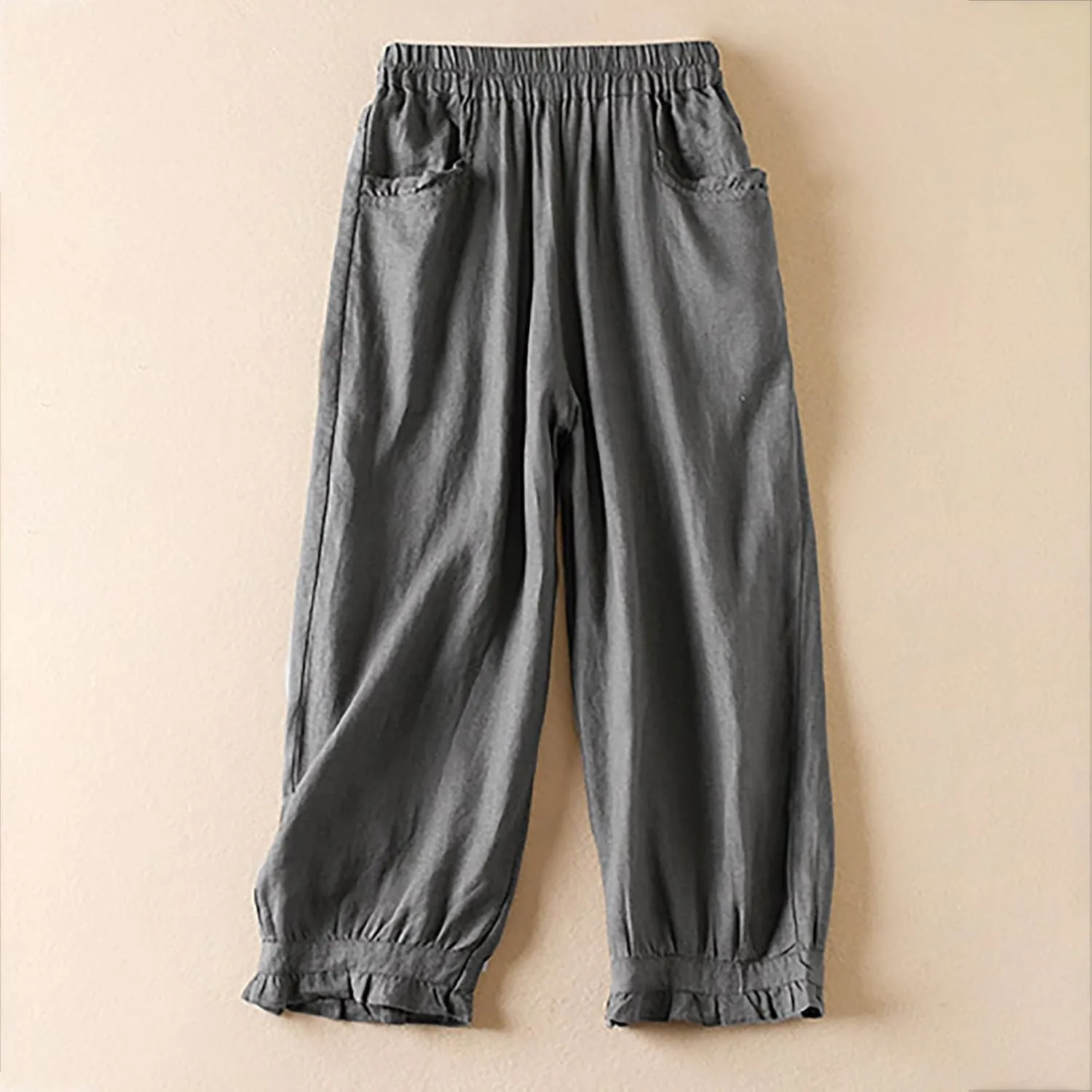 Womens Cotton Linen Capri Pants Casual Summer Elastic Wastic Loose Palazzo Harem Pants Wide Leg Trouser with Pockets