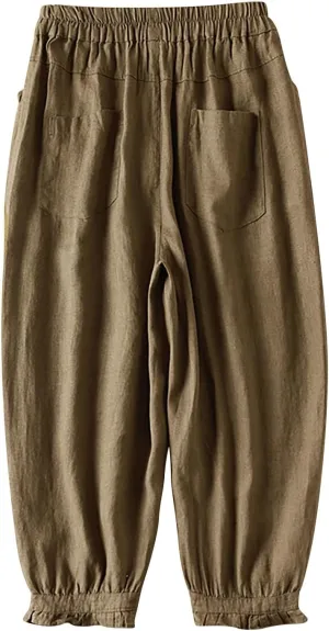 Womens Cotton Linen Capri Pants Casual Summer Elastic Wastic Loose Palazzo Harem Pants Wide Leg Trouser with Pockets