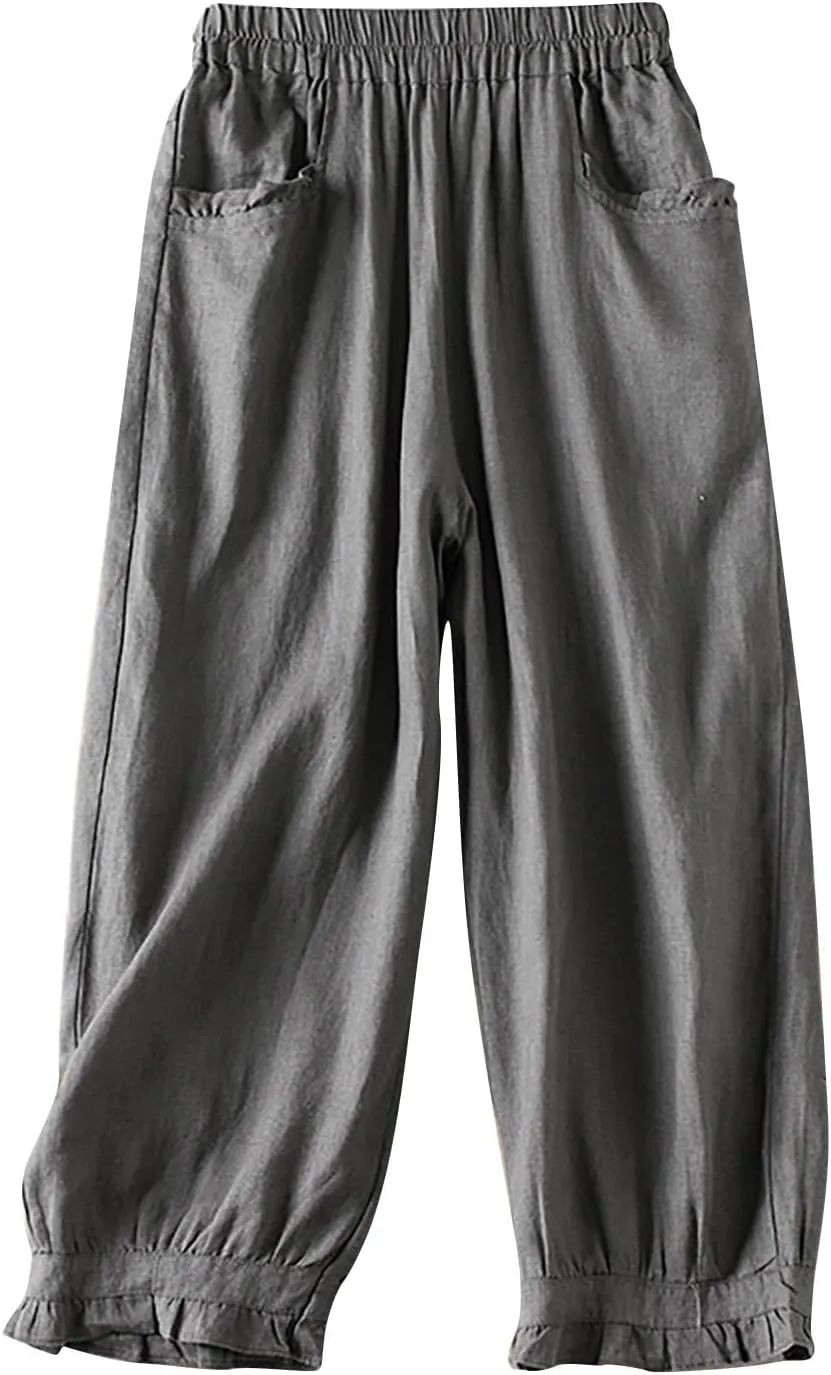 Womens Cotton Linen Capri Pants Casual Summer Elastic Wastic Loose Palazzo Harem Pants Wide Leg Trouser with Pockets