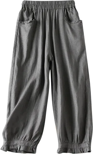 Womens Cotton Linen Capri Pants Casual Summer Elastic Wastic Loose Palazzo Harem Pants Wide Leg Trouser with Pockets