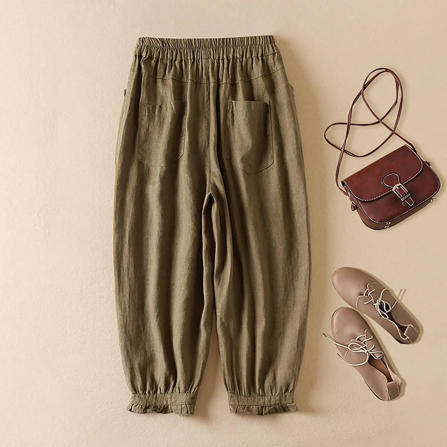 Womens Cotton Linen Capri Pants Casual Summer Elastic Wastic Loose Palazzo Harem Pants Wide Leg Trouser with Pockets
