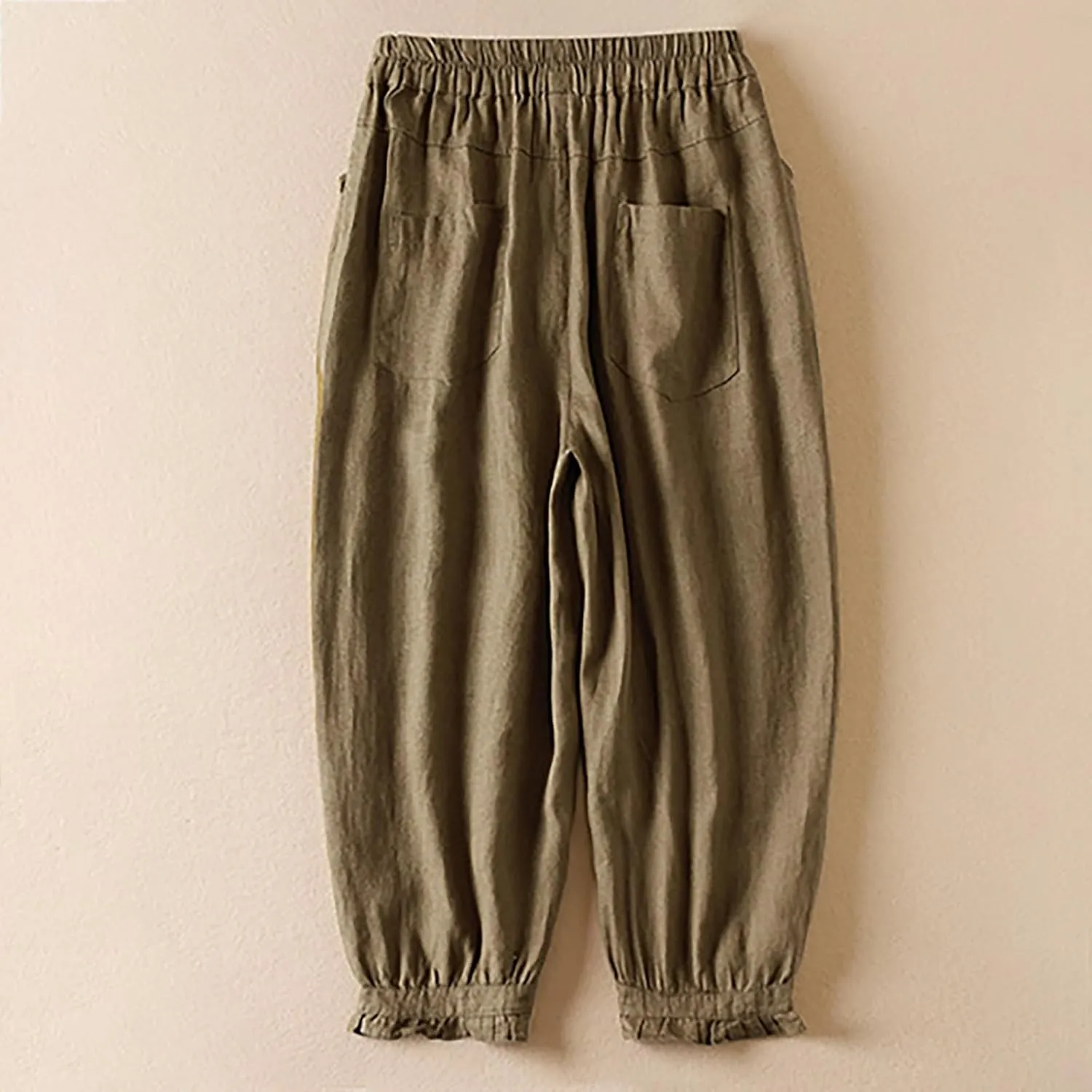 Womens Cotton Linen Capri Pants Casual Summer Elastic Wastic Loose Palazzo Harem Pants Wide Leg Trouser with Pockets
