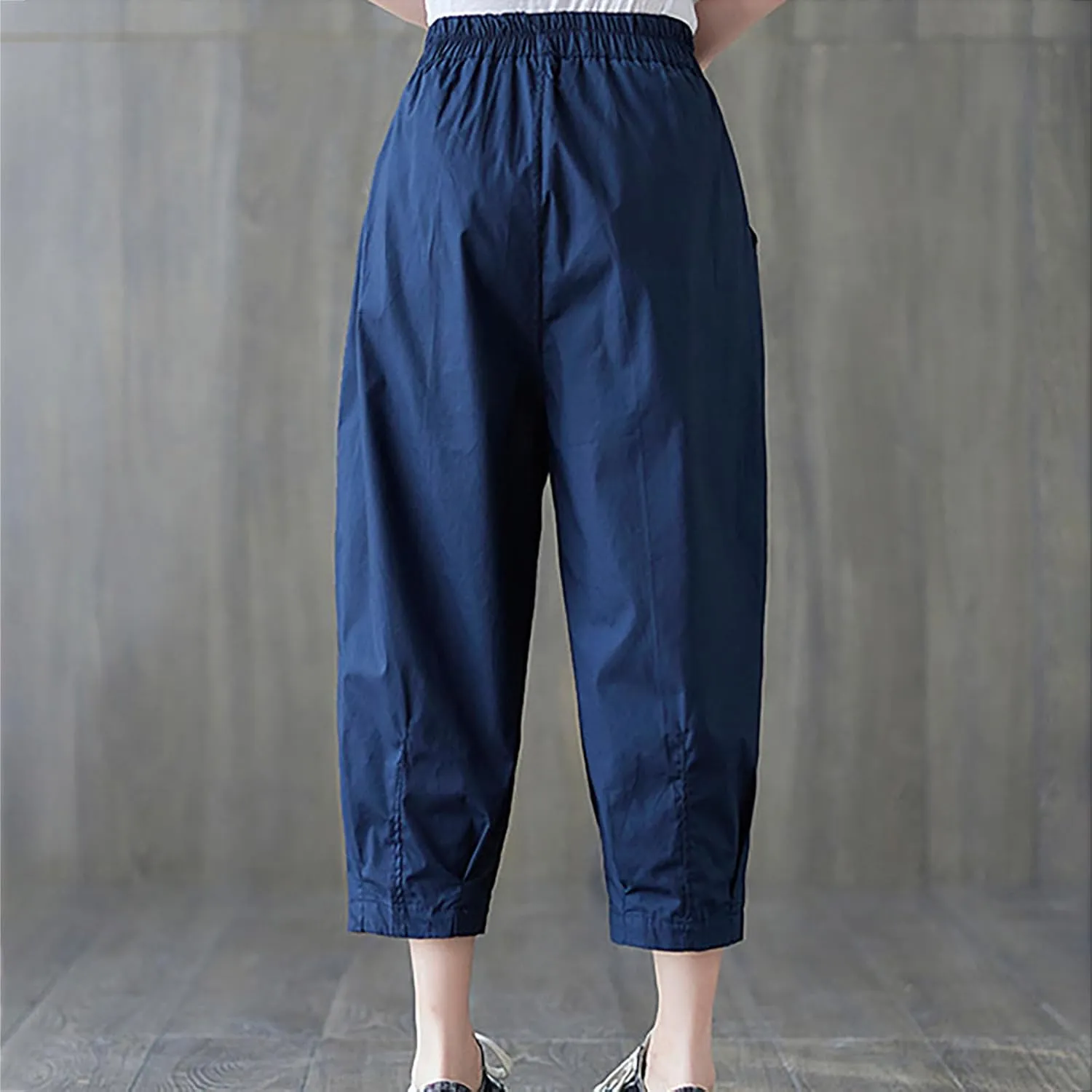 Womens Cotton Linen Capri Pants Casual Summer Elastic Wastic Loose Palazzo Pants Wide Leg Harem Trouser with Pockets