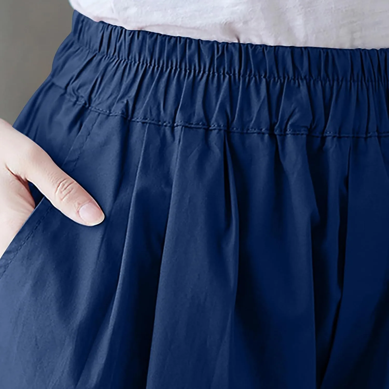 Womens Cotton Linen Capri Pants Casual Summer Elastic Wastic Loose Palazzo Pants Wide Leg Harem Trouser with Pockets