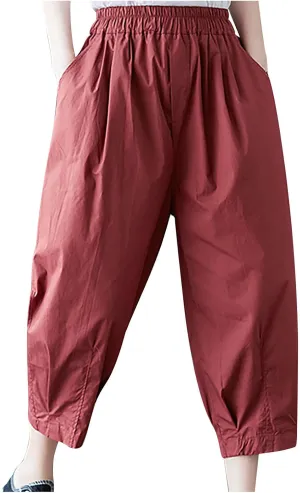 Womens Cotton Linen Capri Pants Casual Summer Elastic Wastic Loose Palazzo Pants Wide Leg Harem Trouser with Pockets