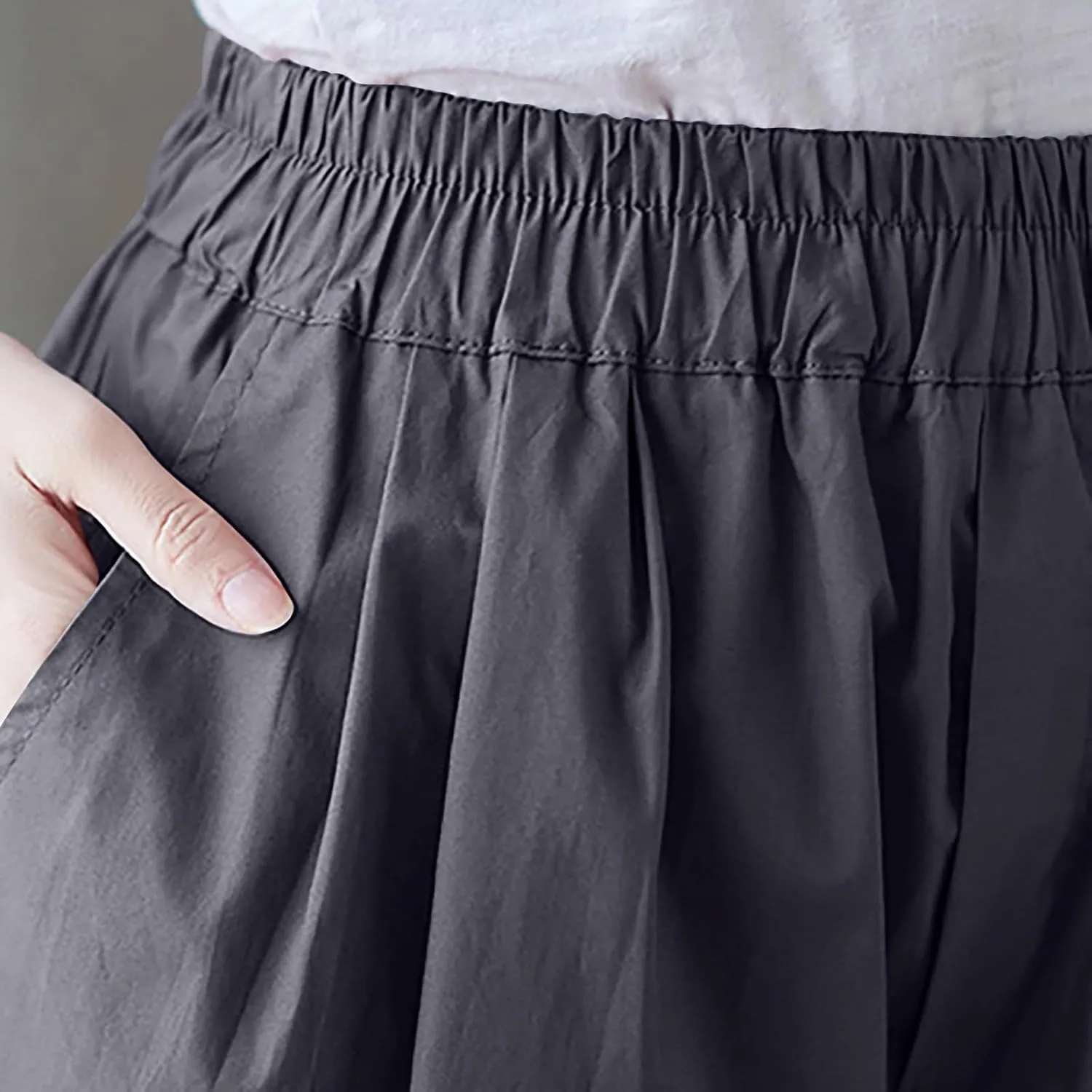 Womens Cotton Linen Capri Pants Casual Summer Elastic Wastic Loose Palazzo Pants Wide Leg Harem Trouser with Pockets