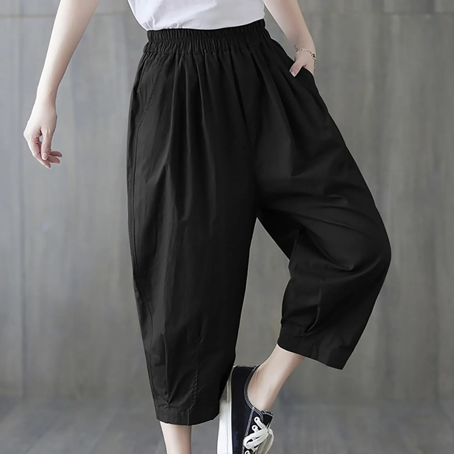 Womens Cotton Linen Capri Pants Casual Summer Elastic Wastic Loose Palazzo Pants Wide Leg Harem Trouser with Pockets