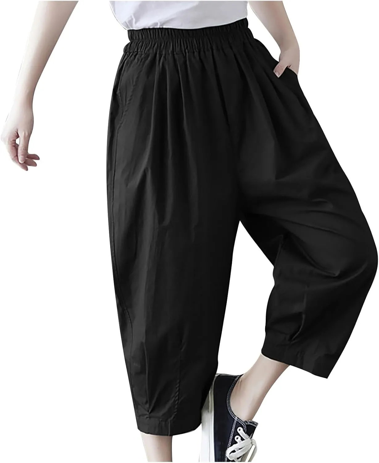 Womens Cotton Linen Capri Pants Casual Summer Elastic Wastic Loose Palazzo Pants Wide Leg Harem Trouser with Pockets