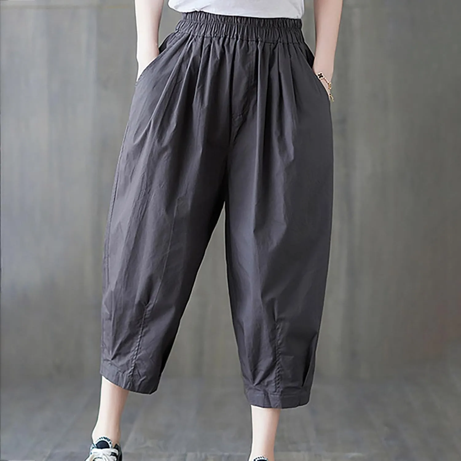 Womens Cotton Linen Capri Pants Casual Summer Elastic Wastic Loose Palazzo Pants Wide Leg Harem Trouser with Pockets
