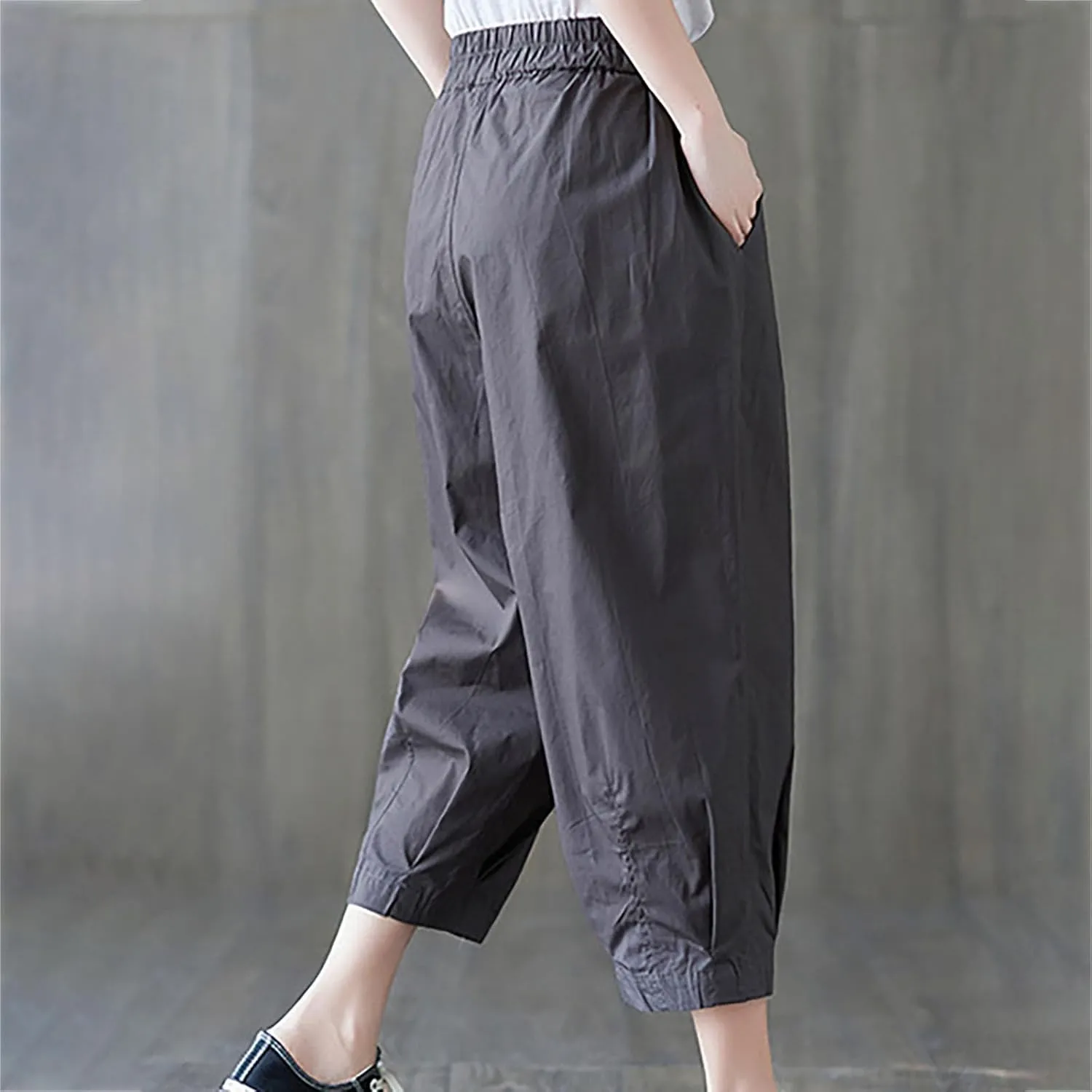 Womens Cotton Linen Capri Pants Casual Summer Elastic Wastic Loose Palazzo Pants Wide Leg Harem Trouser with Pockets