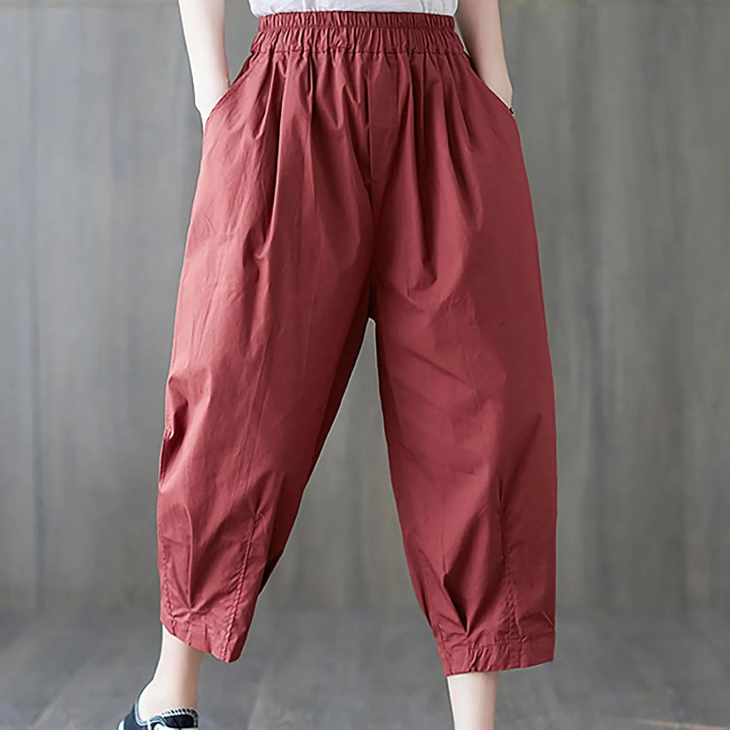 Womens Cotton Linen Capri Pants Casual Summer Elastic Wastic Loose Palazzo Pants Wide Leg Harem Trouser with Pockets