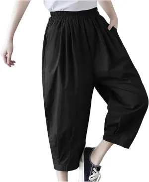 Womens Cotton Linen Capri Pants Casual Summer Elastic Wastic Loose Palazzo Pants Wide Leg Harem Trouser with Pockets