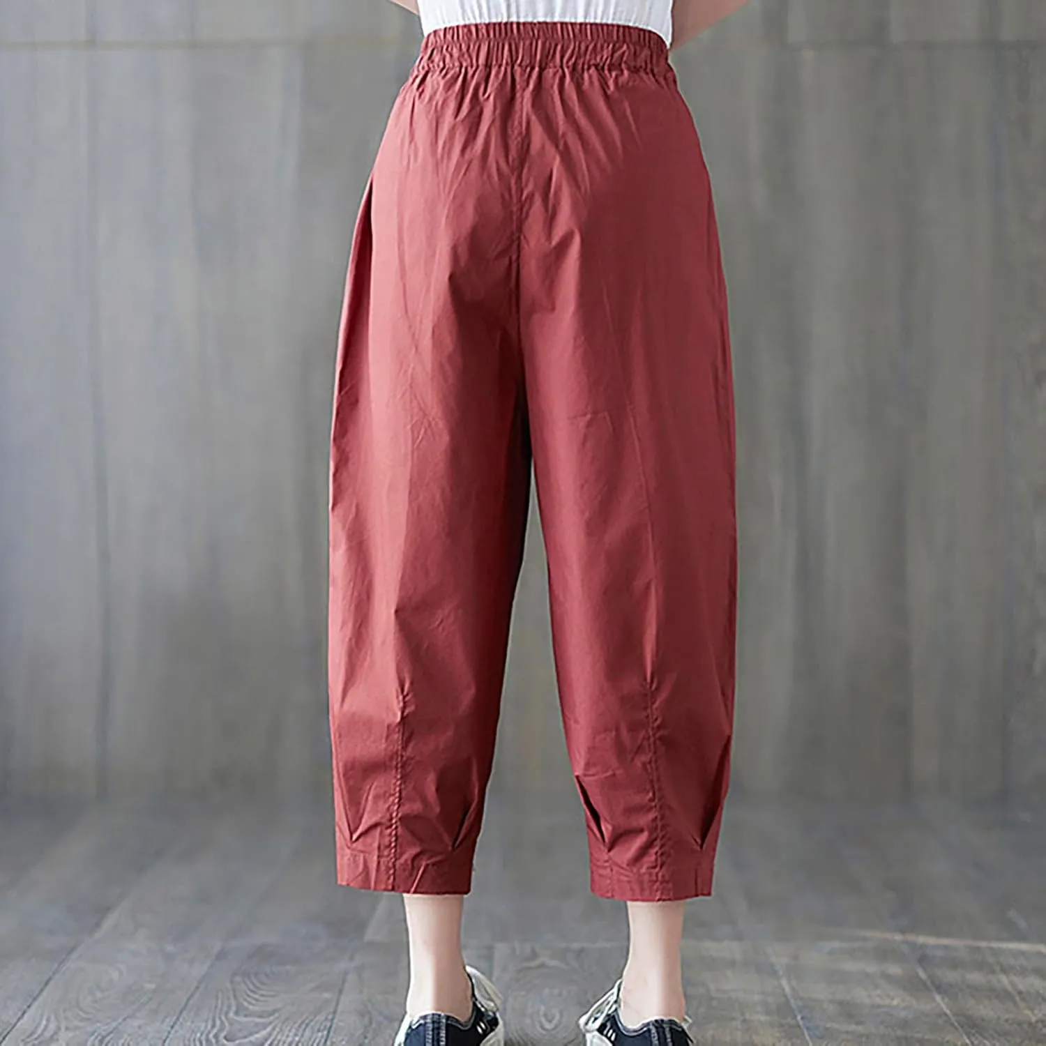 Womens Cotton Linen Capri Pants Casual Summer Elastic Wastic Loose Palazzo Pants Wide Leg Harem Trouser with Pockets